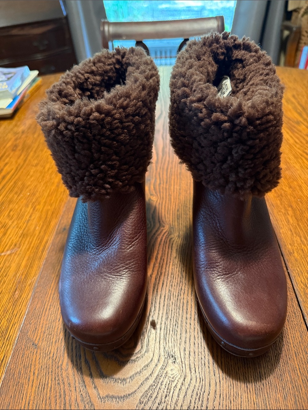 UGG Chocolate Brown Leather Shearling Cuff Ankle Boots